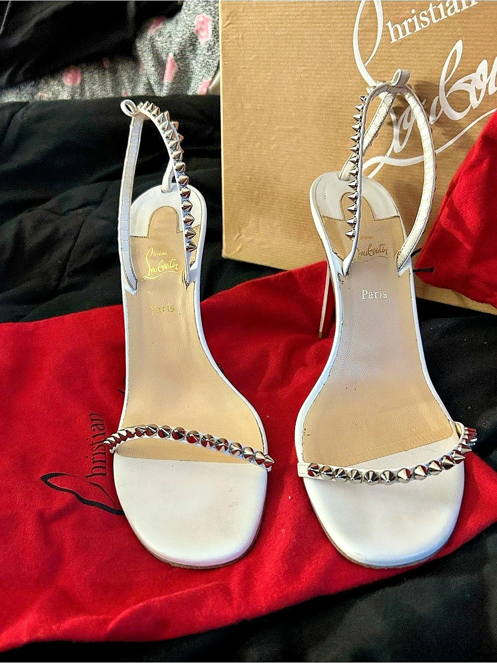 Christian Louboutin Riojana Spikes 100 Heeled Sandals White & Silver